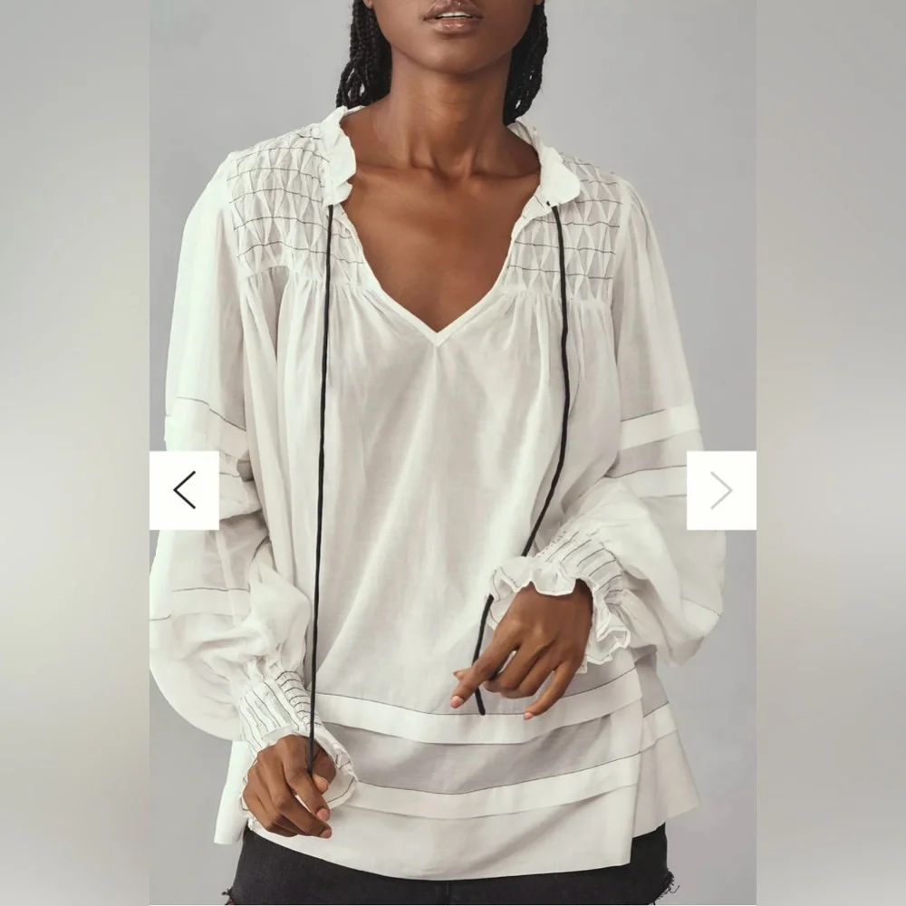 Anthropologie White Long-Sleeve Airy Babydoll Blouse Tunic Top Size Small